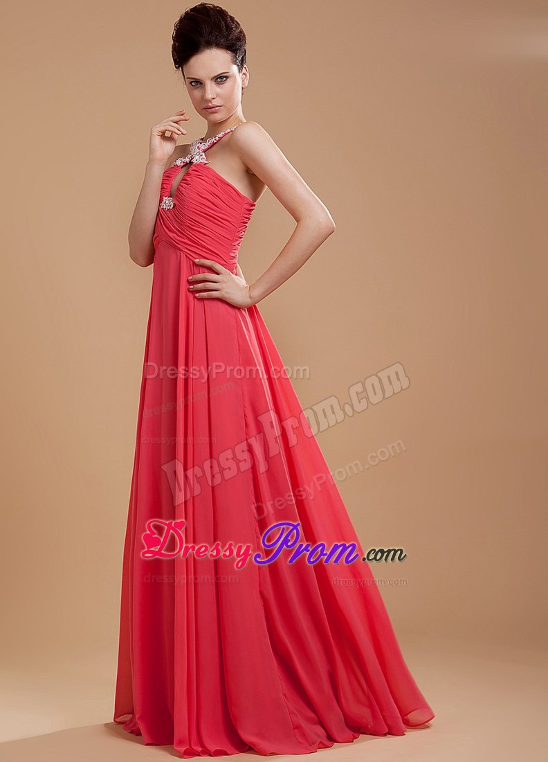Beaded and Ruched Coral Red Prom Holiday Dresses with Cutouts