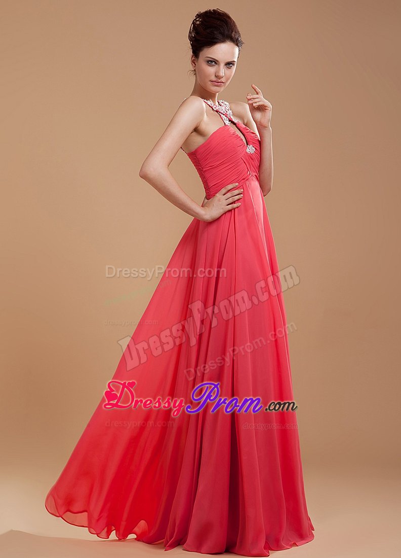 Beaded and Ruched Coral Red Prom Holiday Dresses with Cutouts