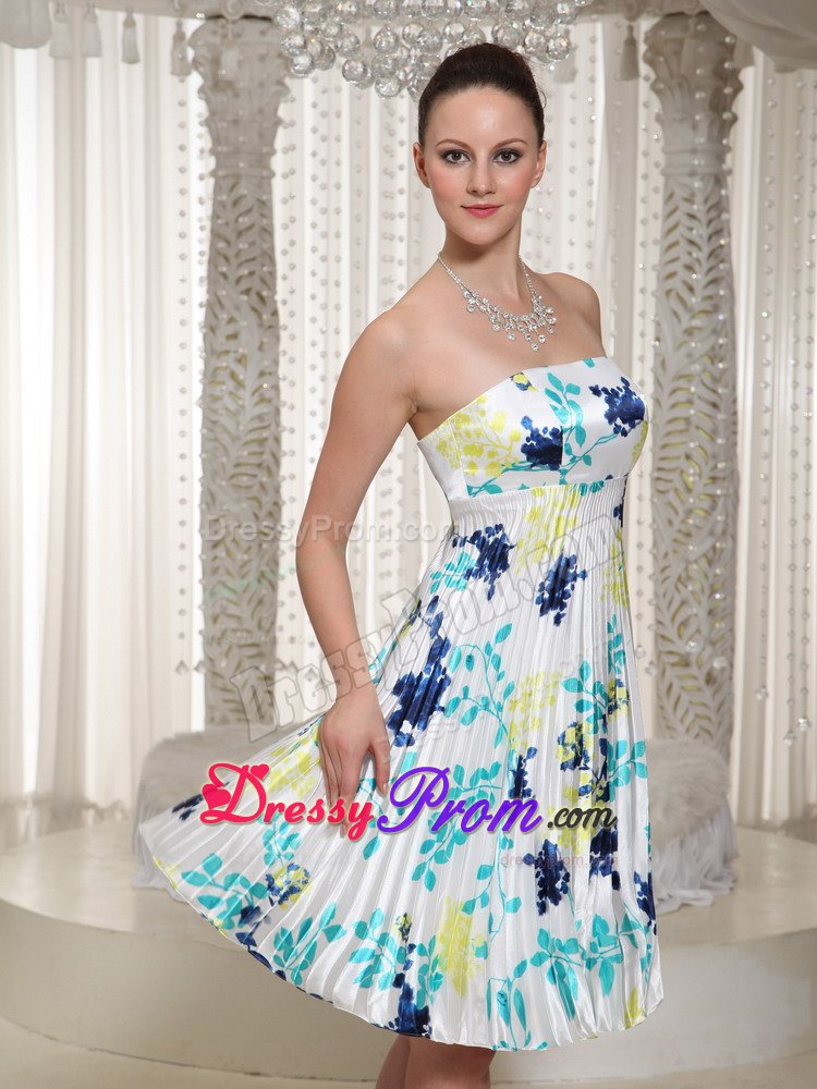Pleated and Printed Strapless Prom Holiday Dress of Knee Length