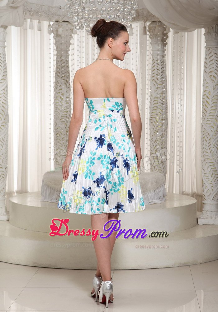 Pleated and Printed Strapless Prom Holiday Dress of Knee Length