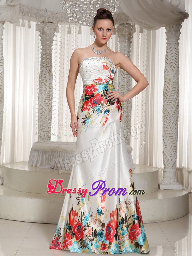Beaded and Ruched White Prom Holiday Dress with Colorful Printing