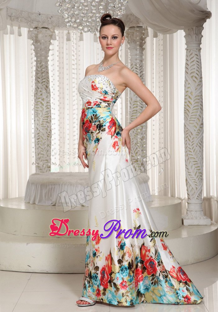 Beaded and Ruched White Prom Holiday Dress with Colorful Printing