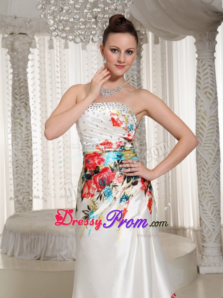Beaded and Ruched White Prom Holiday Dress with Colorful Printing
