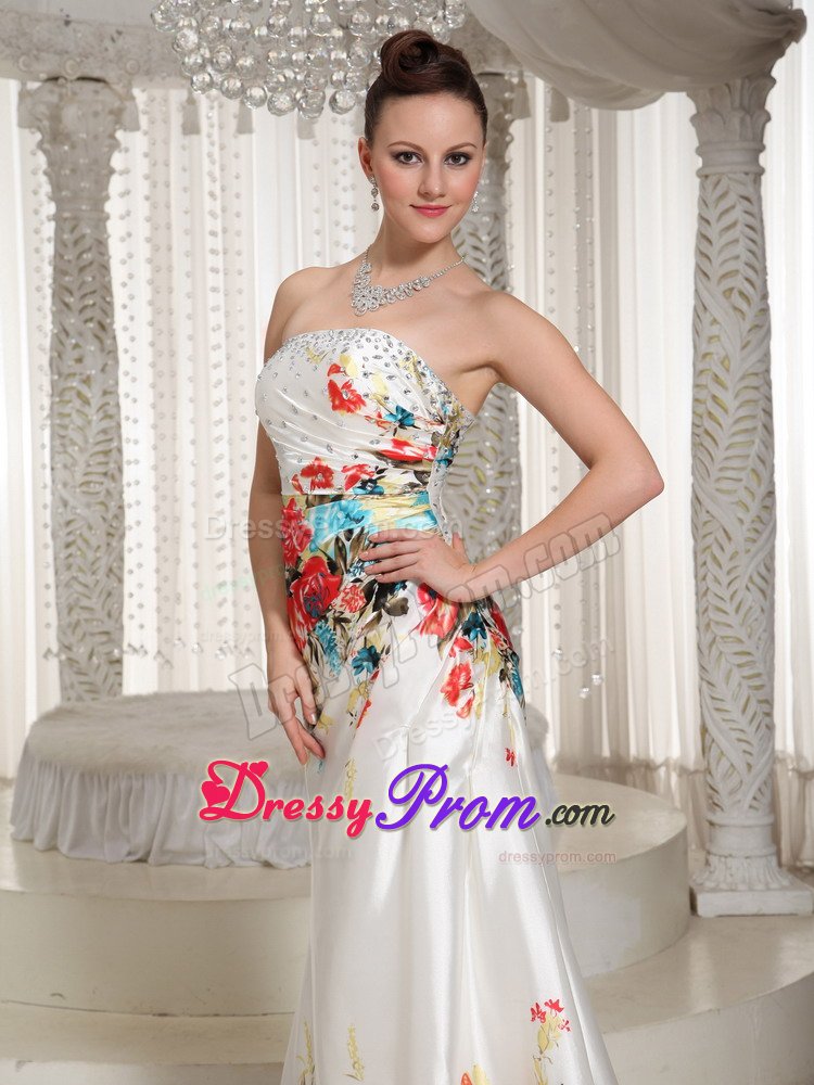 Beaded and Ruched White Prom Holiday Dress with Colorful Printing