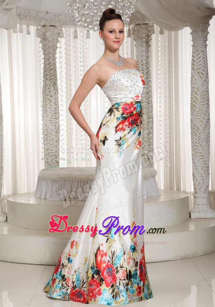Beaded and Ruched White Prom Holiday Dress with Colorful Printing