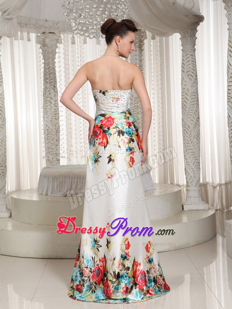 Beaded and Ruched White Prom Holiday Dress with Colorful Printing
