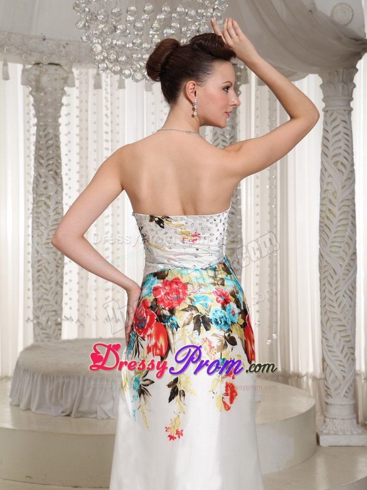 Beaded and Ruched White Prom Holiday Dress with Colorful Printing