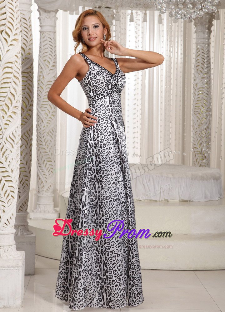 Beaded V-neck White and Black Animal Print Prom Holiday Dresses