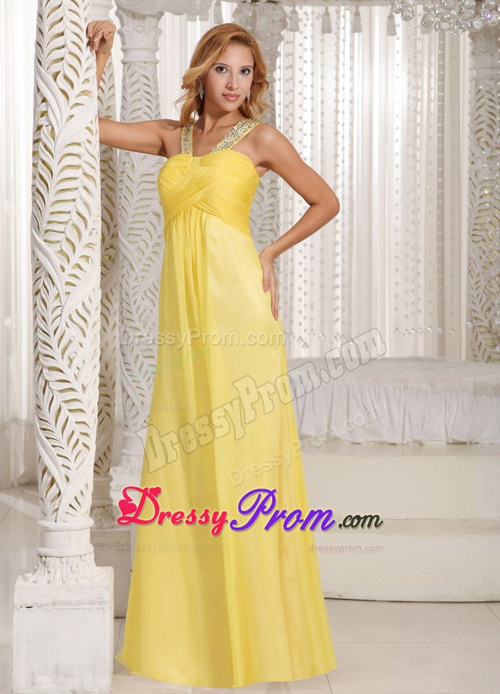 Beaded V-neck Yellow Chiffon Long Prom Holiday Dress with Ruches