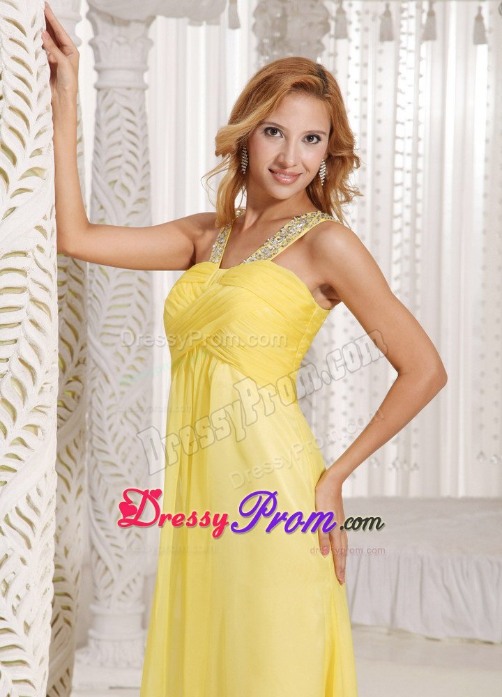 Beaded V-neck Yellow Chiffon Long Prom Holiday Dress with Ruches