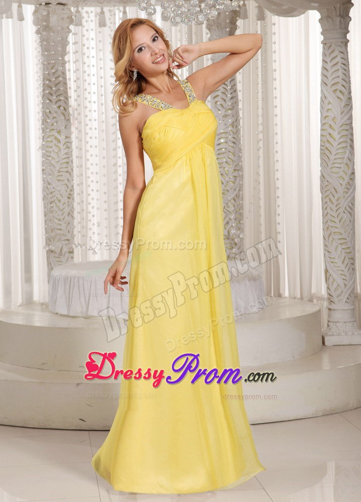 Beaded V-neck Yellow Chiffon Long Prom Holiday Dress with Ruches