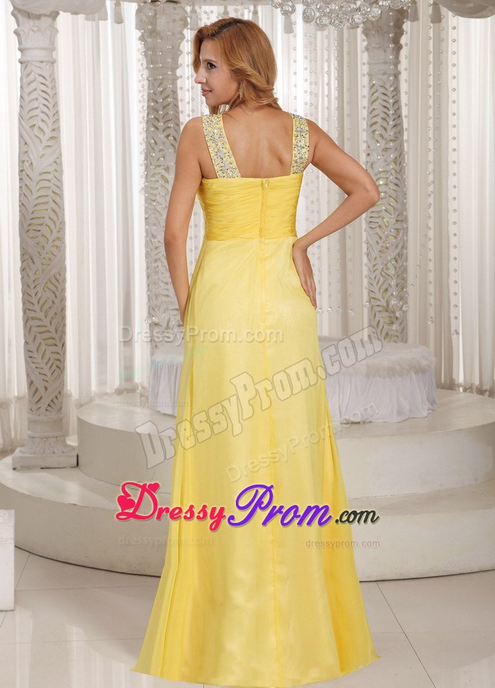 Beaded V-neck Yellow Chiffon Long Prom Holiday Dress with Ruches