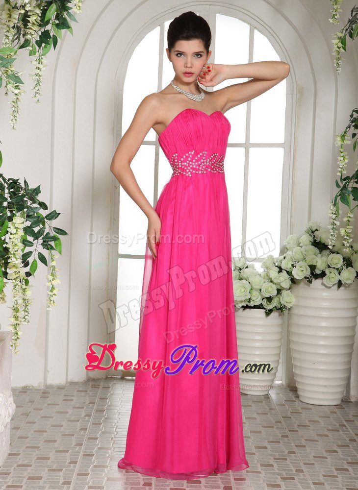 Beaded and Ruched Floor Length Prom Holiday Dresses in Hot Pink