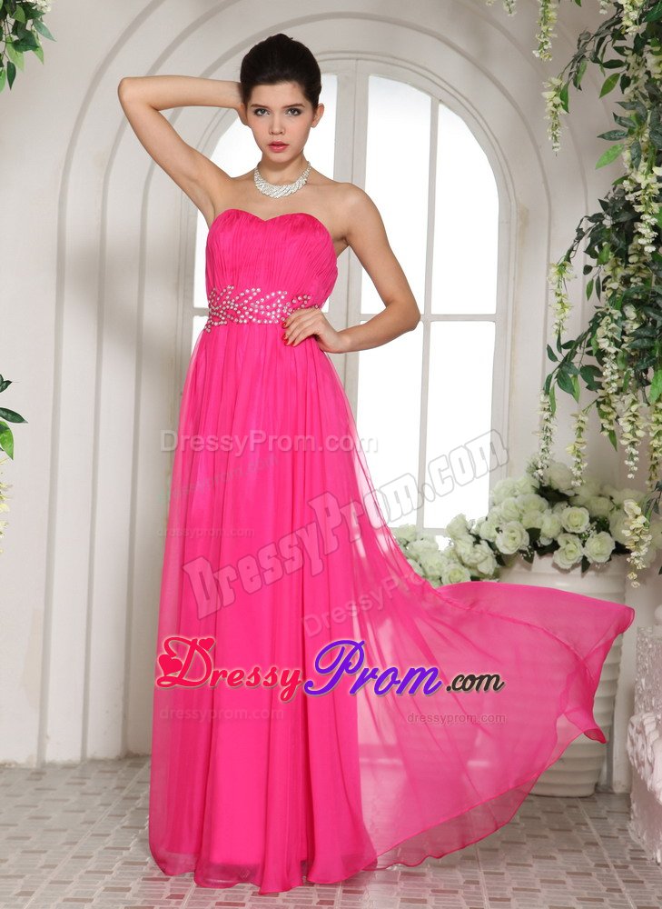 Beaded and Ruched Floor Length Prom Holiday Dresses in Hot Pink