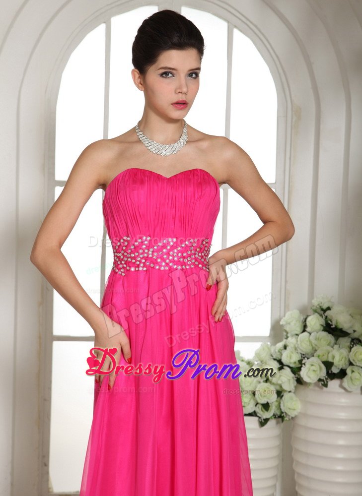 Beaded and Ruched Floor Length Prom Holiday Dresses in Hot Pink