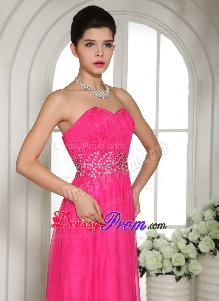 Beaded and Ruched Floor Length Prom Holiday Dresses in Hot Pink