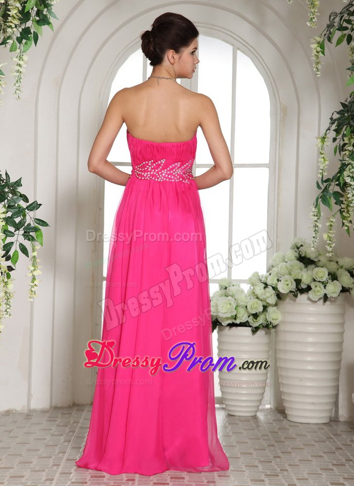 Beaded and Ruched Floor Length Prom Holiday Dresses in Hot Pink
