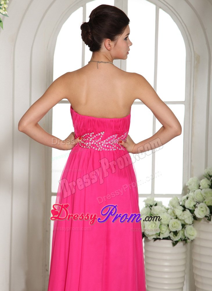Beaded and Ruched Floor Length Prom Holiday Dresses in Hot Pink