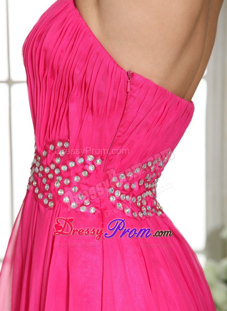 Beaded and Ruched Floor Length Prom Holiday Dresses in Hot Pink
