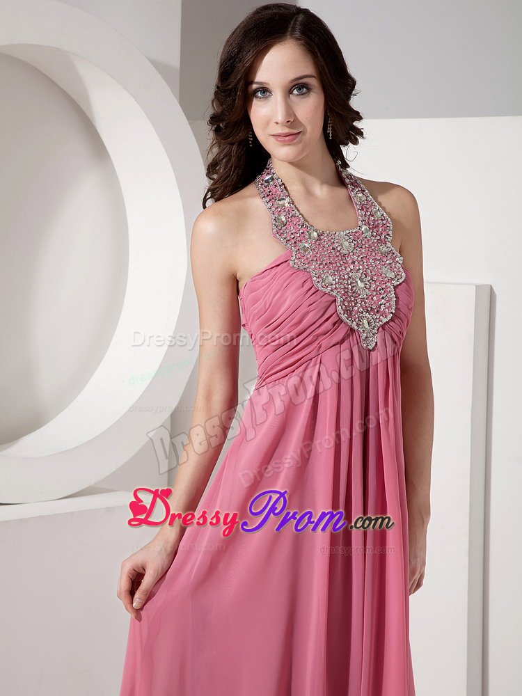 Rust Red Halter Chiffon Prom Bridesmaid Dress with Beading and Ruches