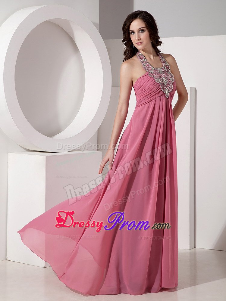 Rust Red Halter Chiffon Prom Bridesmaid Dress with Beading and Ruches