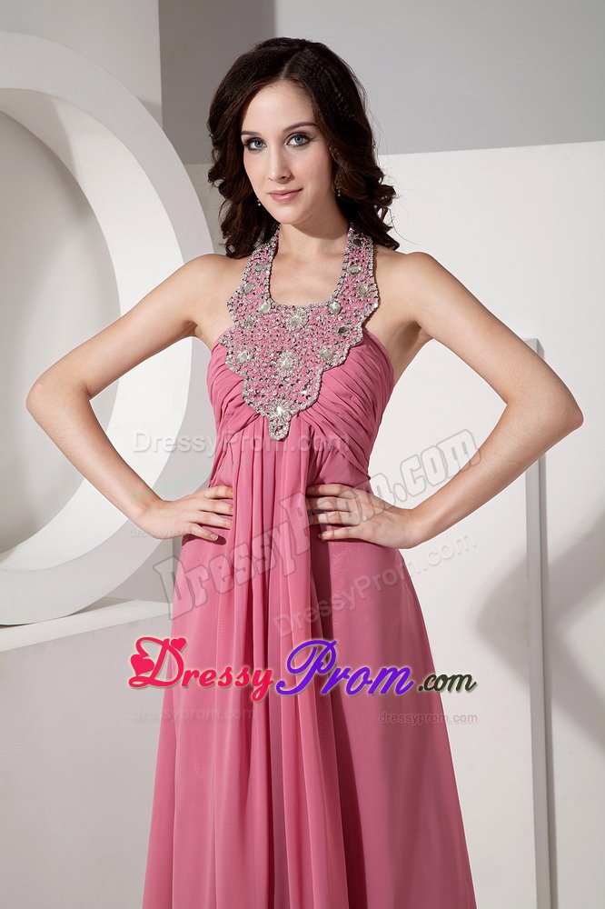 Rust Red Halter Chiffon Prom Bridesmaid Dress with Beading and Ruches
