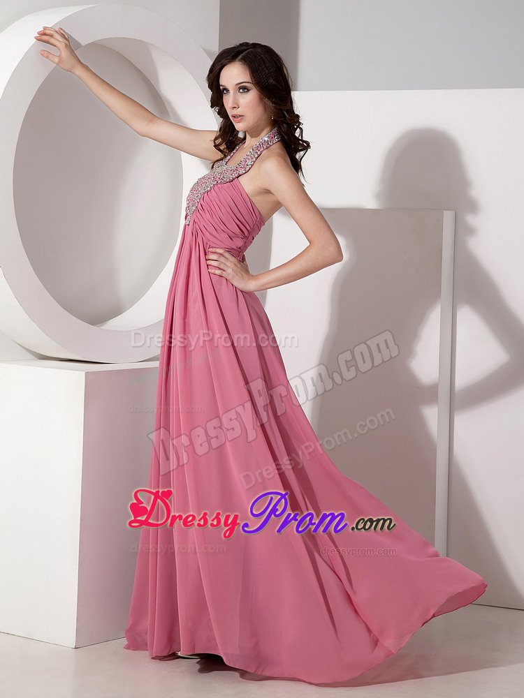 Rust Red Halter Chiffon Prom Bridesmaid Dress with Beading and Ruches