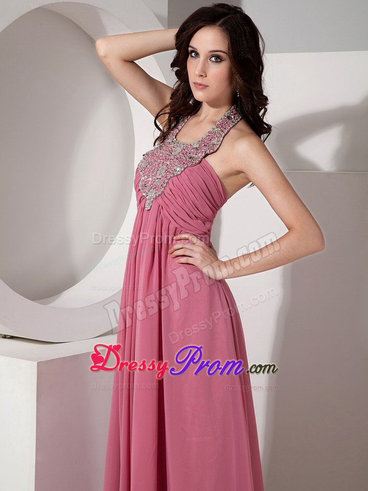 Rust Red Halter Chiffon Prom Bridesmaid Dress with Beading and Ruches