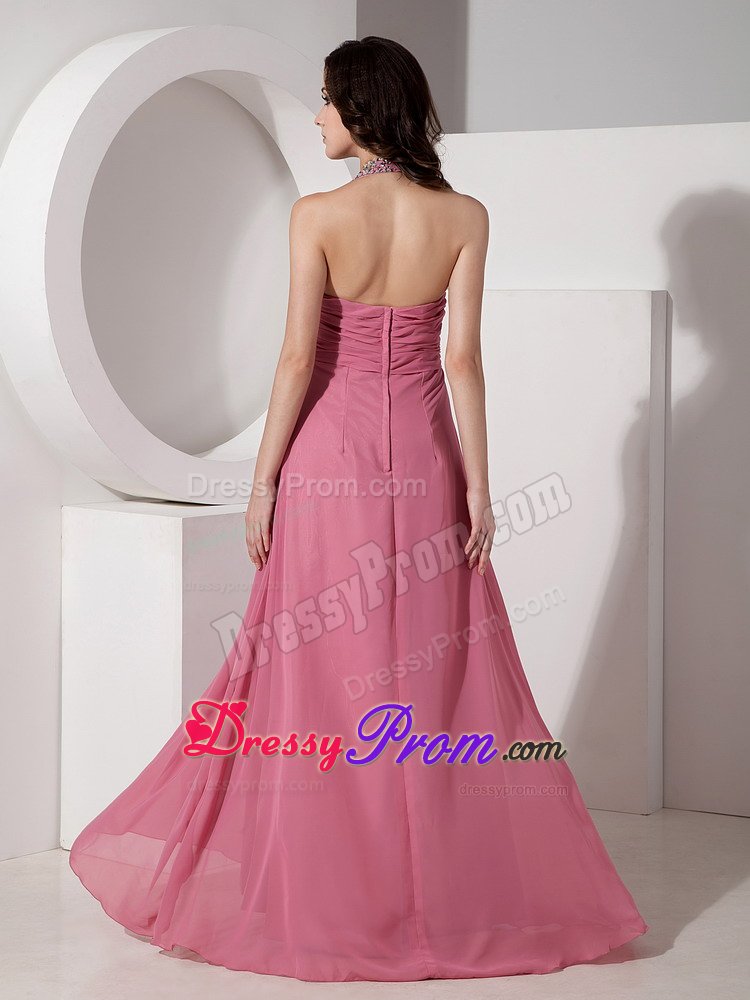 Rust Red Halter Chiffon Prom Bridesmaid Dress with Beading and Ruches