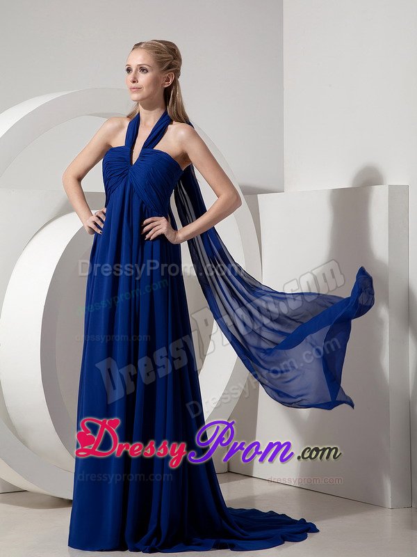 Royal Blue Halter Ruches Watteau Train Prom Bridesmaid Dresses