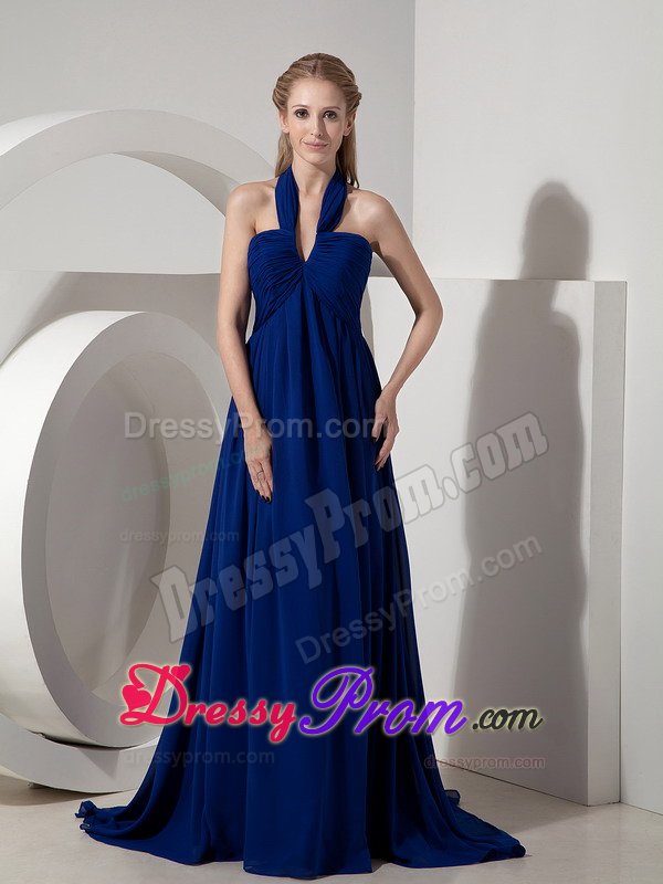 Royal Blue Halter Ruches Watteau Train Prom Bridesmaid Dresses