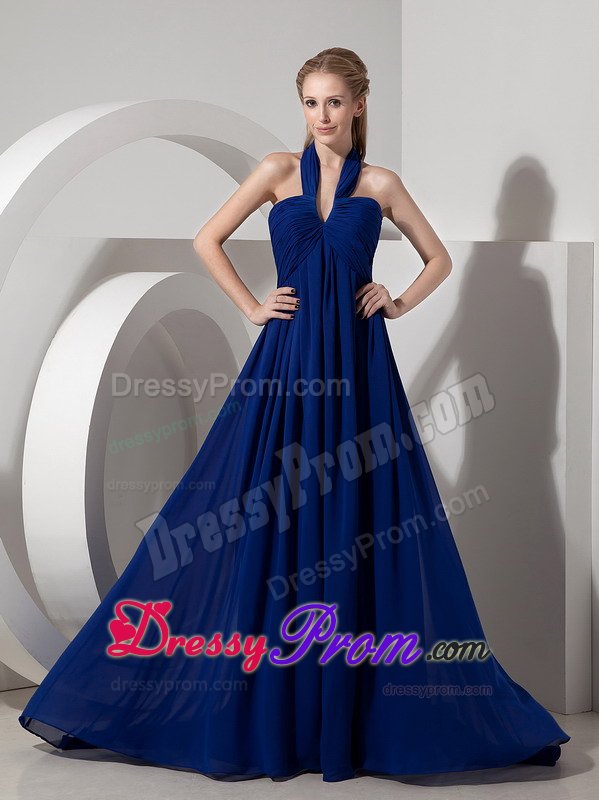 Royal Blue Halter Ruches Watteau Train Prom Bridesmaid Dresses