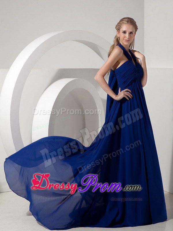 Royal Blue Halter Ruches Watteau Train Prom Bridesmaid Dresses
