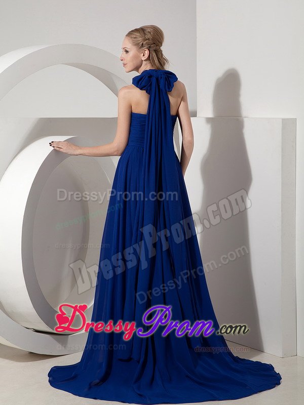 Royal Blue Halter Ruches Watteau Train Prom Bridesmaid Dresses