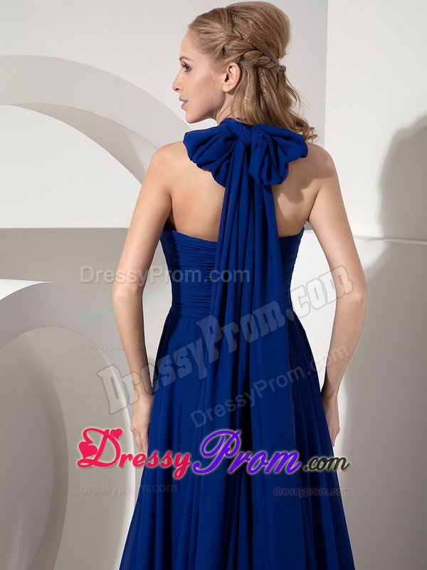 Royal Blue Halter Ruches Watteau Train Prom Bridesmaid Dresses