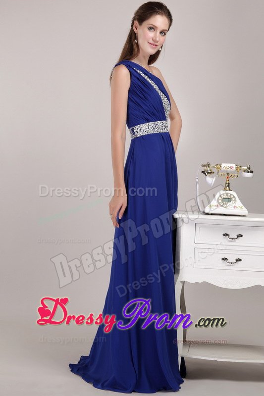 Royal Blue One Shoulder Prom Bridesmaid Dress with Beading 2014