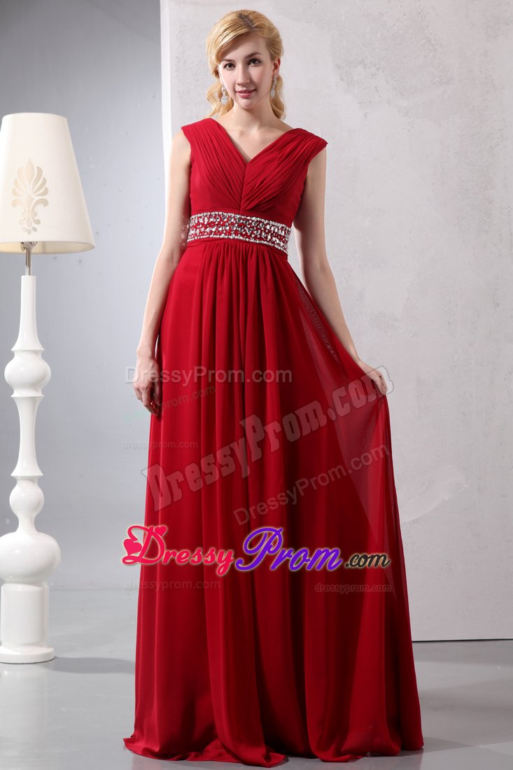 Ruched V-neck Beading Waist Prom Bridesmaid Dresses in Wine Red