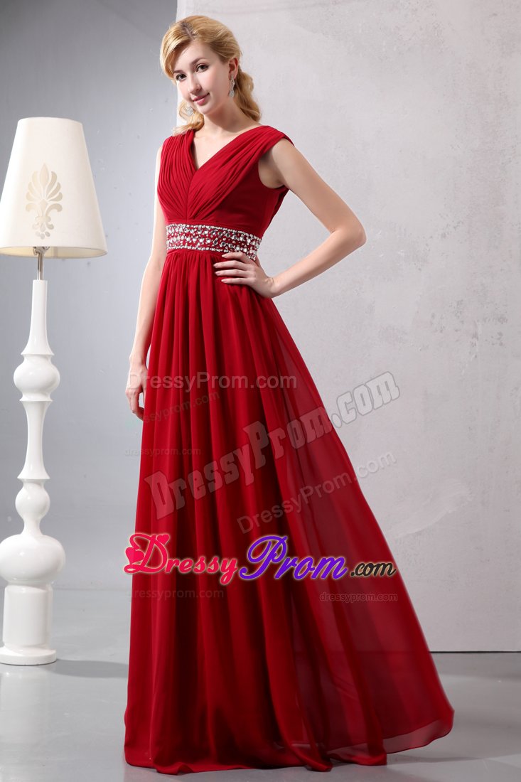 Ruched V-neck Beading Waist Prom Bridesmaid Dresses in Wine Red