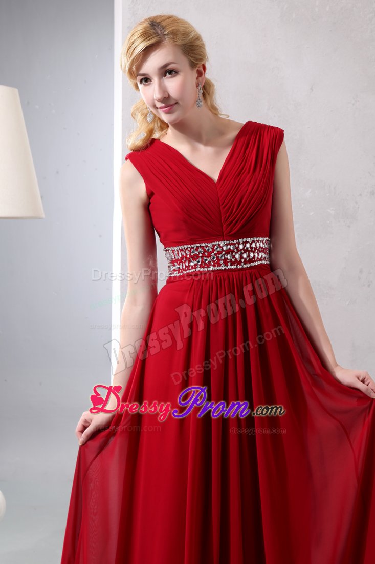 Ruched V-neck Beading Waist Prom Bridesmaid Dresses in Wine Red