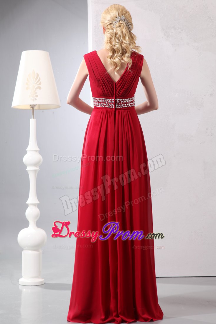 Ruched V-neck Beading Waist Prom Bridesmaid Dresses in Wine Red