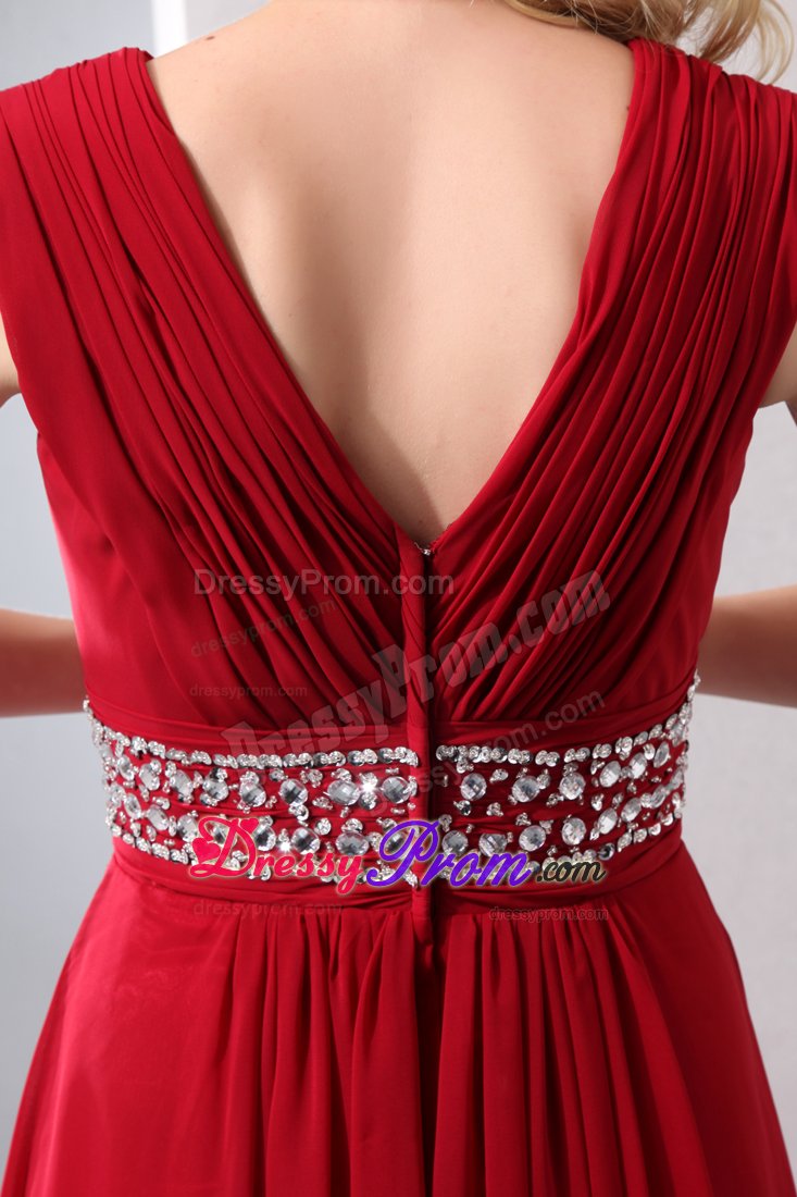 Ruched V-neck Beading Waist Prom Bridesmaid Dresses in Wine Red