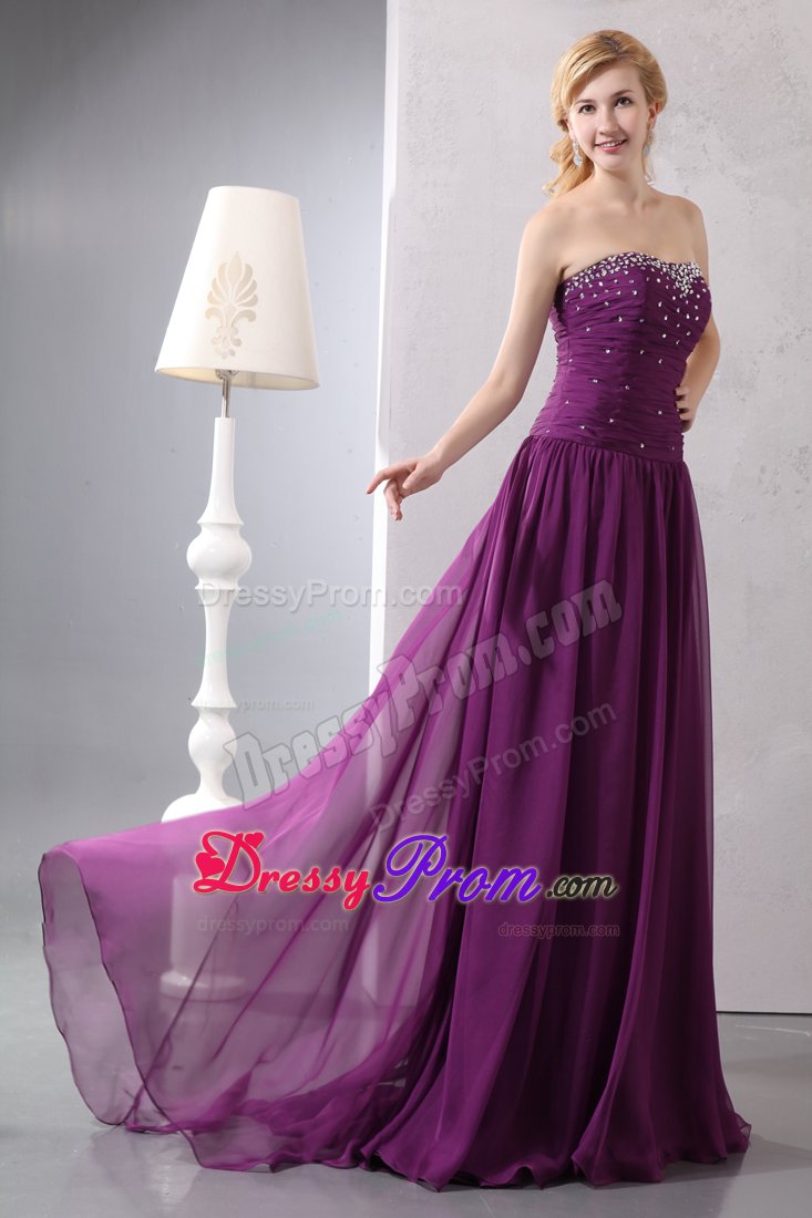 Ruching and Beading Decorate Purple Brush Prom Bridesmaid Dress