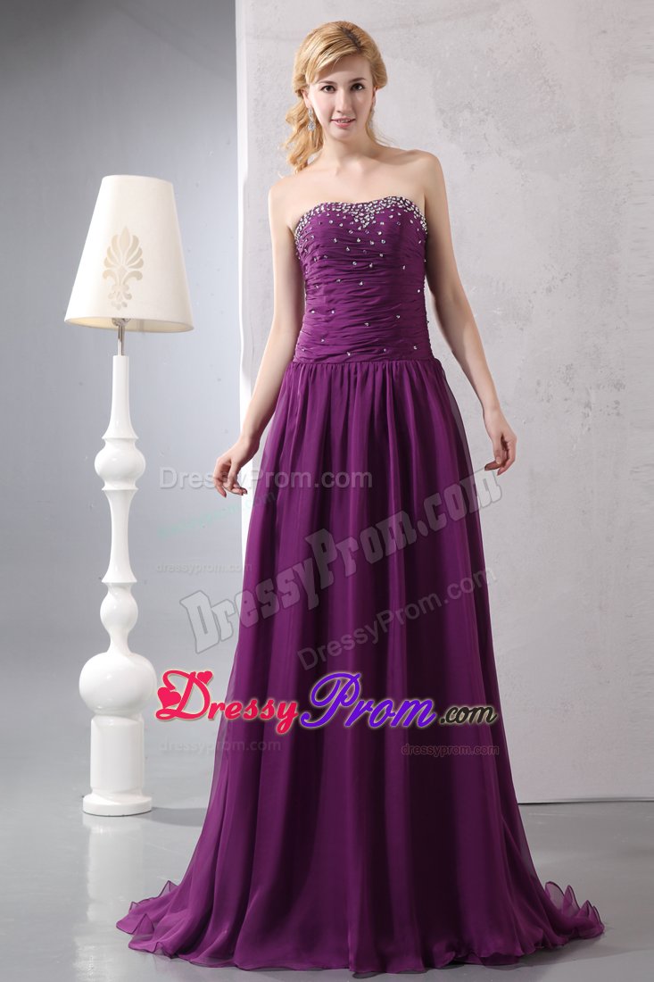 Ruching and Beading Decorate Purple Brush Prom Bridesmaid Dress