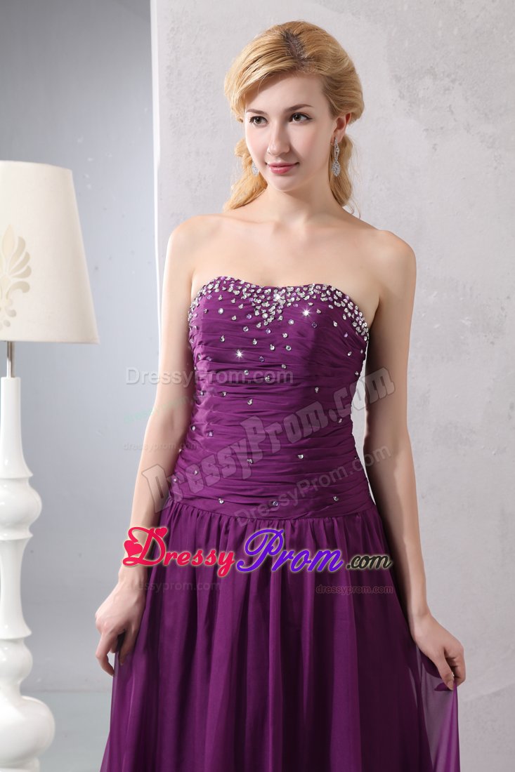 Ruching and Beading Decorate Purple Brush Prom Bridesmaid Dress