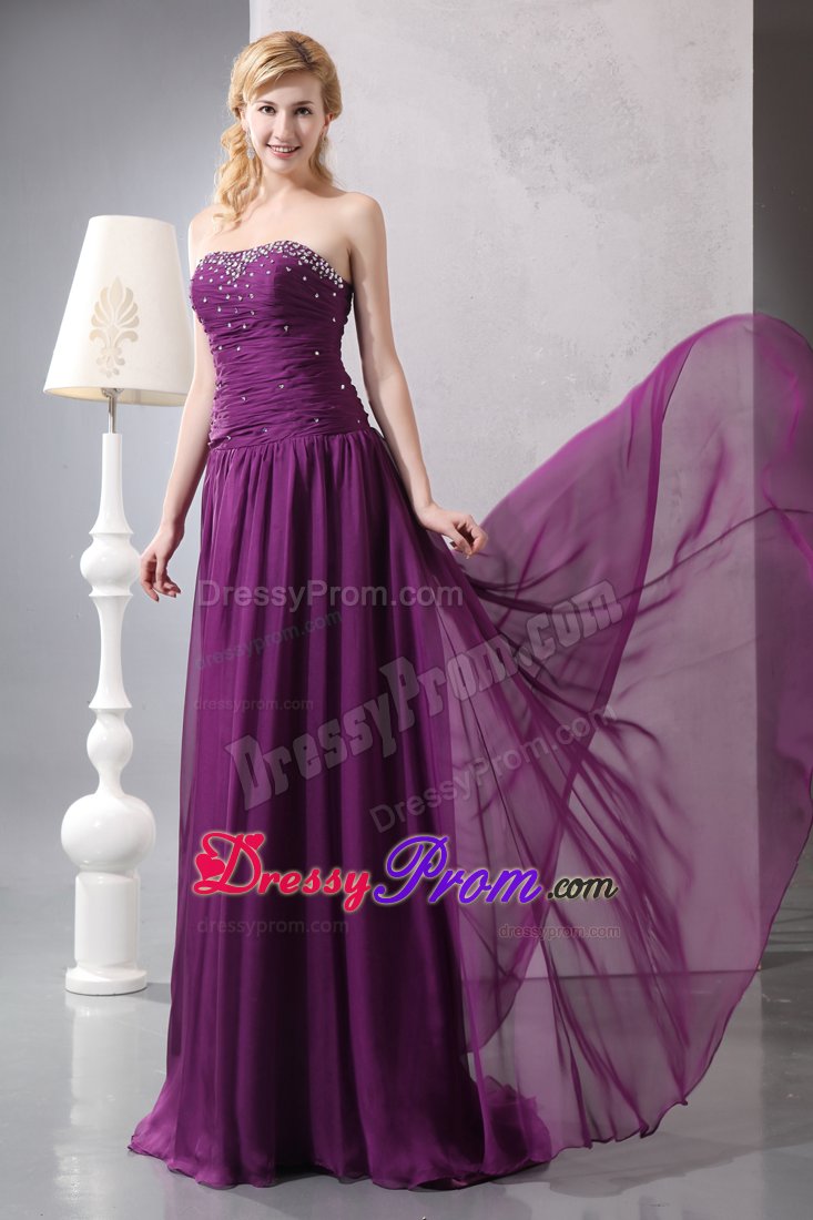 Ruching and Beading Decorate Purple Brush Prom Bridesmaid Dress