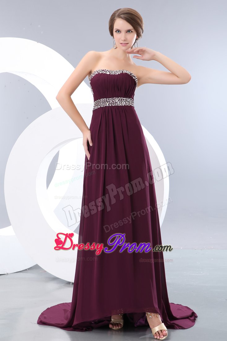 Beaded and Ruched Brush Train Prom Bridesmaid Dress in Dark Purple