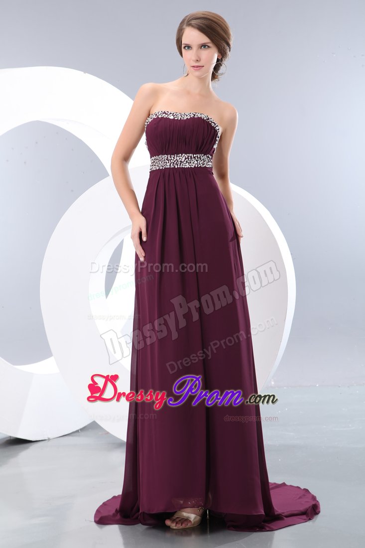 Beaded and Ruched Brush Train Prom Bridesmaid Dress in Dark Purple