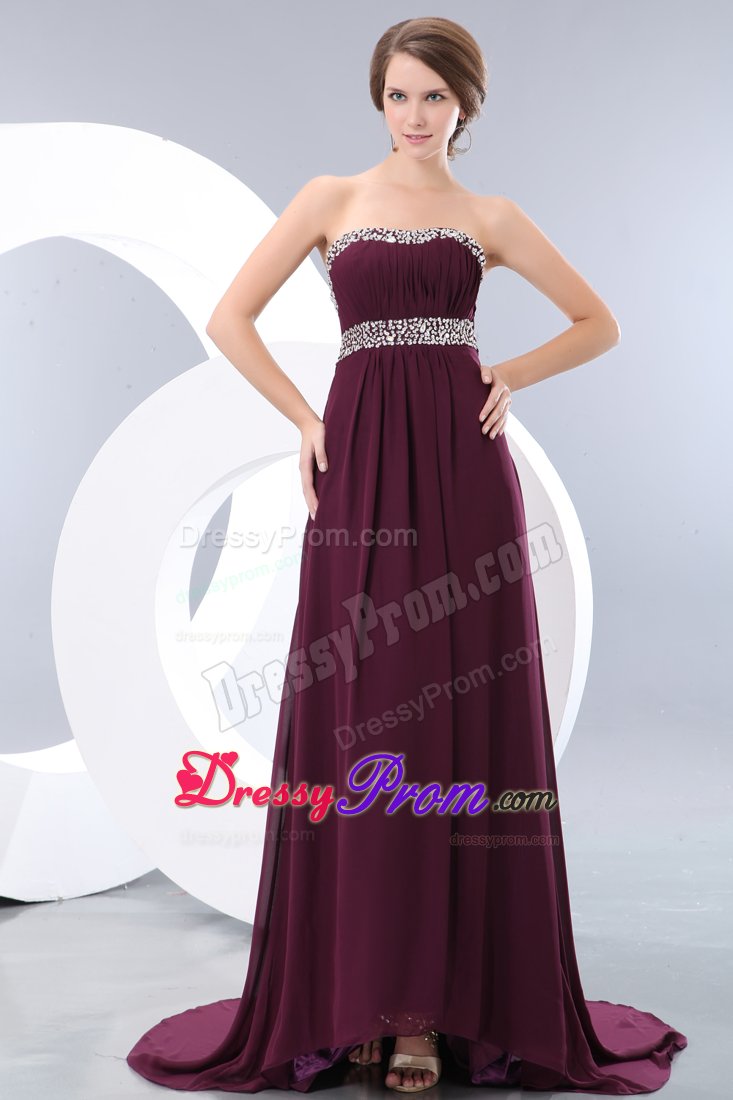 Beaded and Ruched Brush Train Prom Bridesmaid Dress in Dark Purple