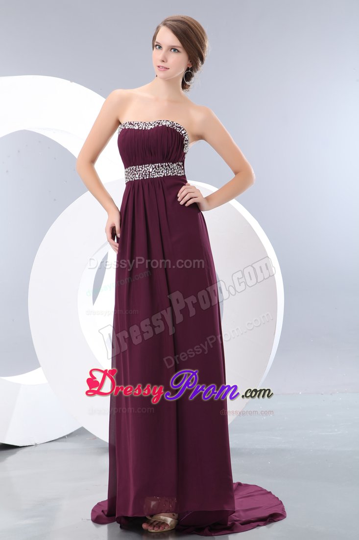 Beaded and Ruched Brush Train Prom Bridesmaid Dress in Dark Purple