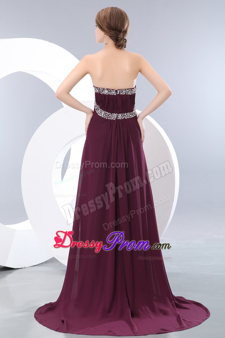 Beaded and Ruched Brush Train Prom Bridesmaid Dress in Dark Purple